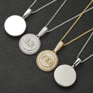 Personalized Rotatable Disc Name Plate Pendant Necklace, Iced Out Jewelry Cz Diamond 14k Gold Silver Copper Customized Letter Charm with Rope/Tennis Link Chain, Customized Initial Name Necklace Gift for Men Woman (Silver Plated Gold Letter)