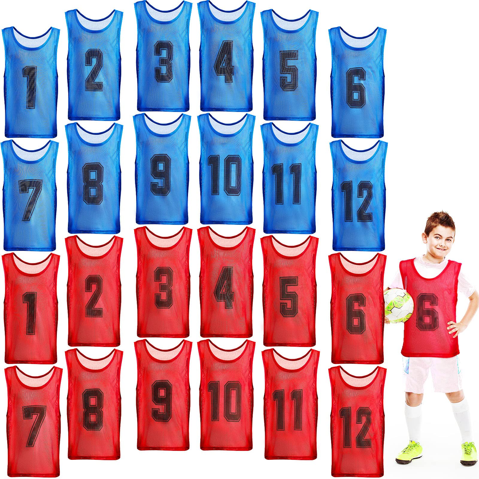 Hercicy 24 Pcs Youth Teen Pinnies Soccer Pinnies Training Vest Adult Mesh Reversible Numbered Football Jersey(Medium,Red, Blue)