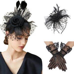 BABEYOND Tea Party Hat and Gloves Set for Women Pillbox Veil Fascinator Hat Lace Gloves Pearl Necklace Earring