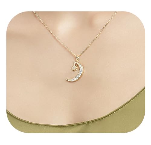 ASGEMSFJ Moon Star Necklace for Women Man, 14K Yellow Gold Plated Moon Pendant Dainty Trendy Chain Necklace Jewelry Gift for Women (yellow gold)