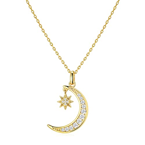 ASGEMSFJ Moon Star Necklace for Women Man, 14K Yellow Gold Plated Moon Pendant Dainty Trendy Chain Necklace Jewelry Gift for Women (yellow gold)