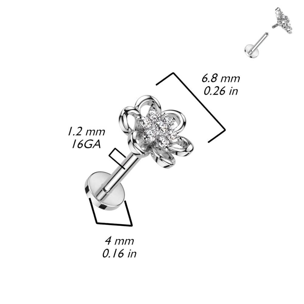 Pierced Owl 16GA 316L Stainless Steel Hollow Flower with CZ Crystal Center Internally Threaded Stud (Gold Tone)