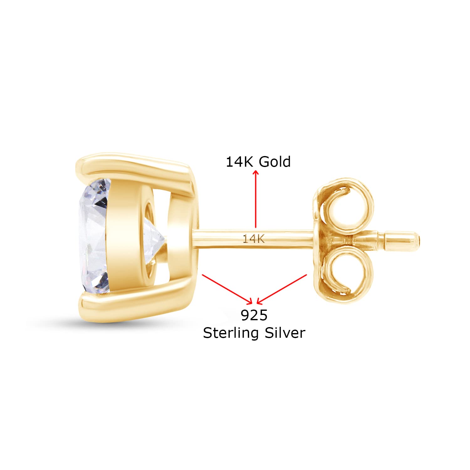 SAVEARTH DIAMONDS 14K Yellow Gold Post & 925 Sterling Silver 7.5MM Round Cut Lab Created Moissanite Diamond 3-Prong Martini Style Stud Earrings 3.0ct