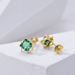 MUUYON 14K Solid Gold Princess Cut Emerald Stud Earrings,Yellow Real Gold Created Emerald Earrings with Push Backs, May Birthstone Earrings Jewelry for Her Women Mom