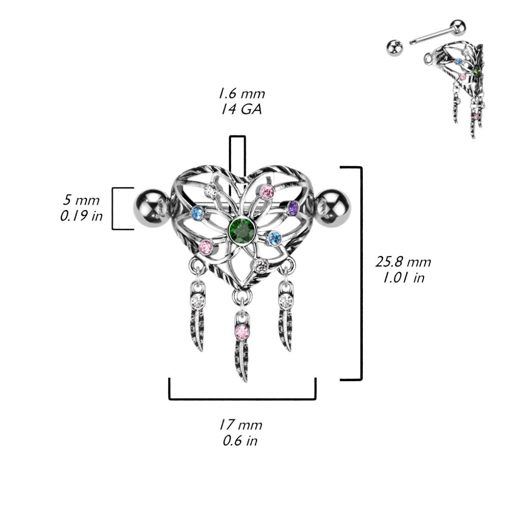 Pierced Owl 14GA 316L Stainless Steel Heart Dream Catcher Nipple Shields, Sold as a Pair