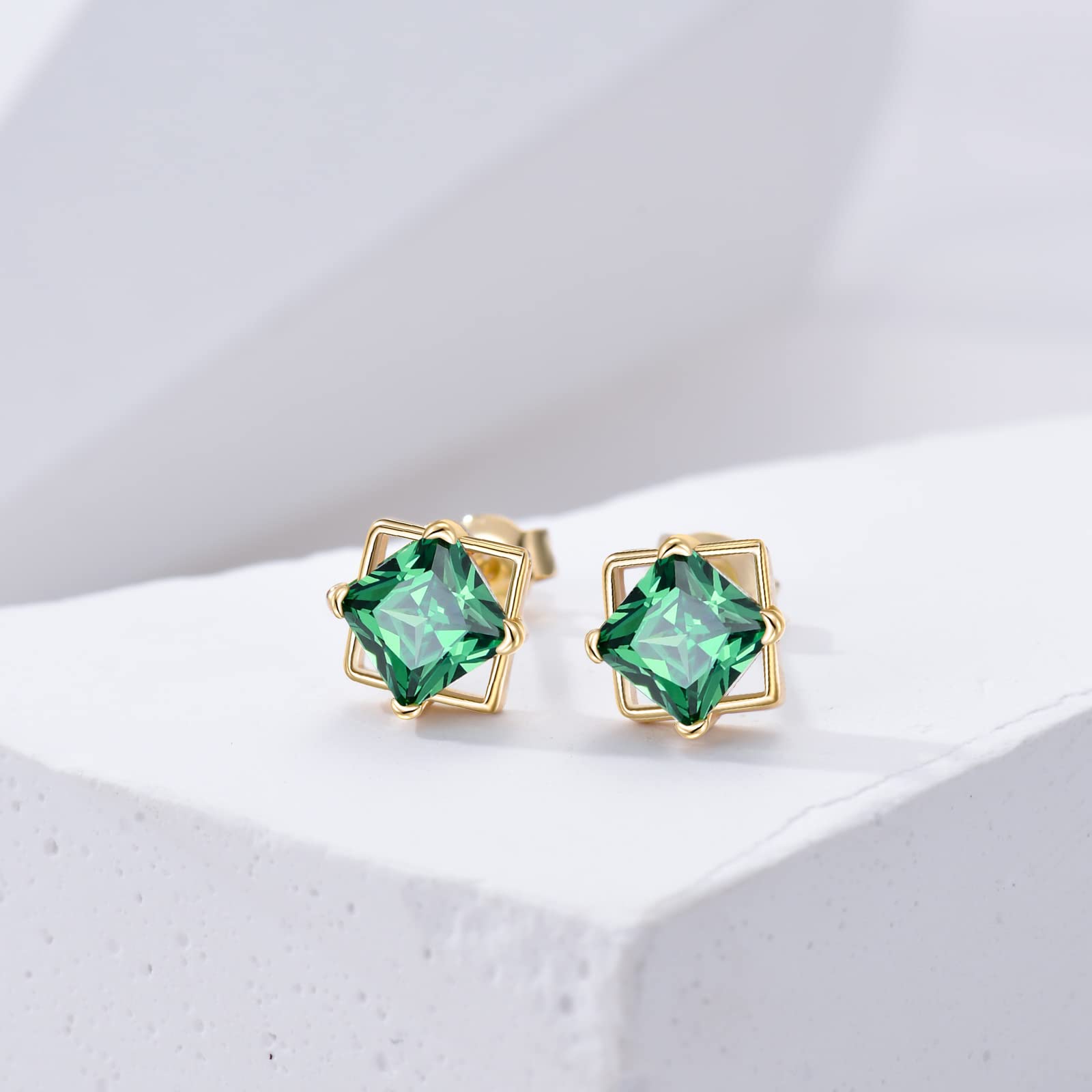 MUUYON 14K Solid Gold Princess Cut Emerald Stud Earrings,Yellow Real Gold Created Emerald Earrings with Push Backs, May Birthstone Earrings Jewelry for Her Women Mom