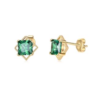 MUUYON 14K Solid Gold Princess Cut Emerald Stud Earrings,Yellow Real Gold Created Emerald Earrings with Push Backs, May Birthstone Earrings Jewelry for Her Women Mom