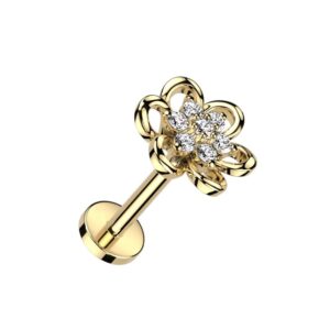 pierced owl 16ga 316l stainless steel hollow flower with cz crystal center internally threaded stud (gold tone)