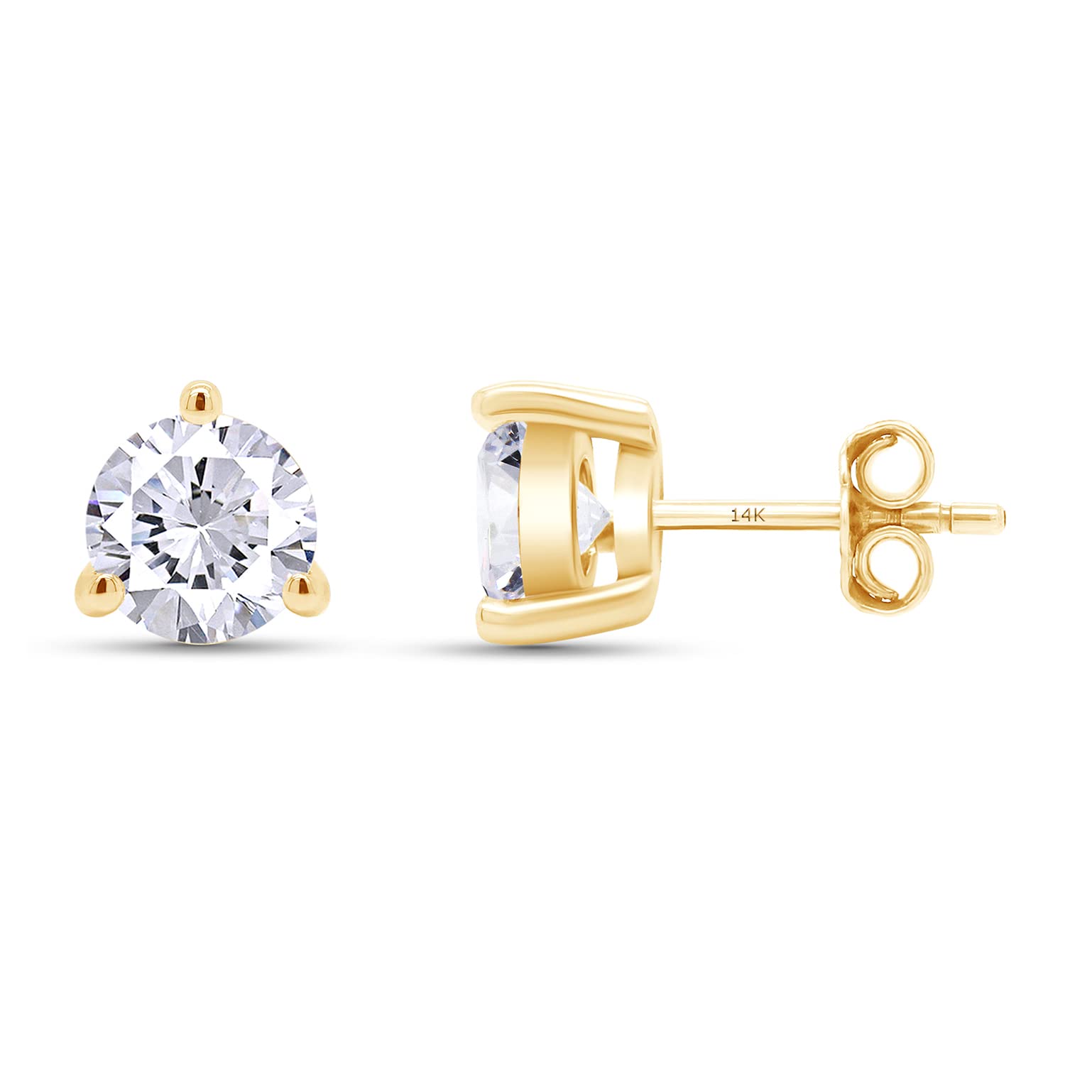 SAVEARTH DIAMONDS 14K Yellow Gold Post & 925 Sterling Silver 7.5MM Round Cut Lab Created Moissanite Diamond 3-Prong Martini Style Stud Earrings 3.0ct