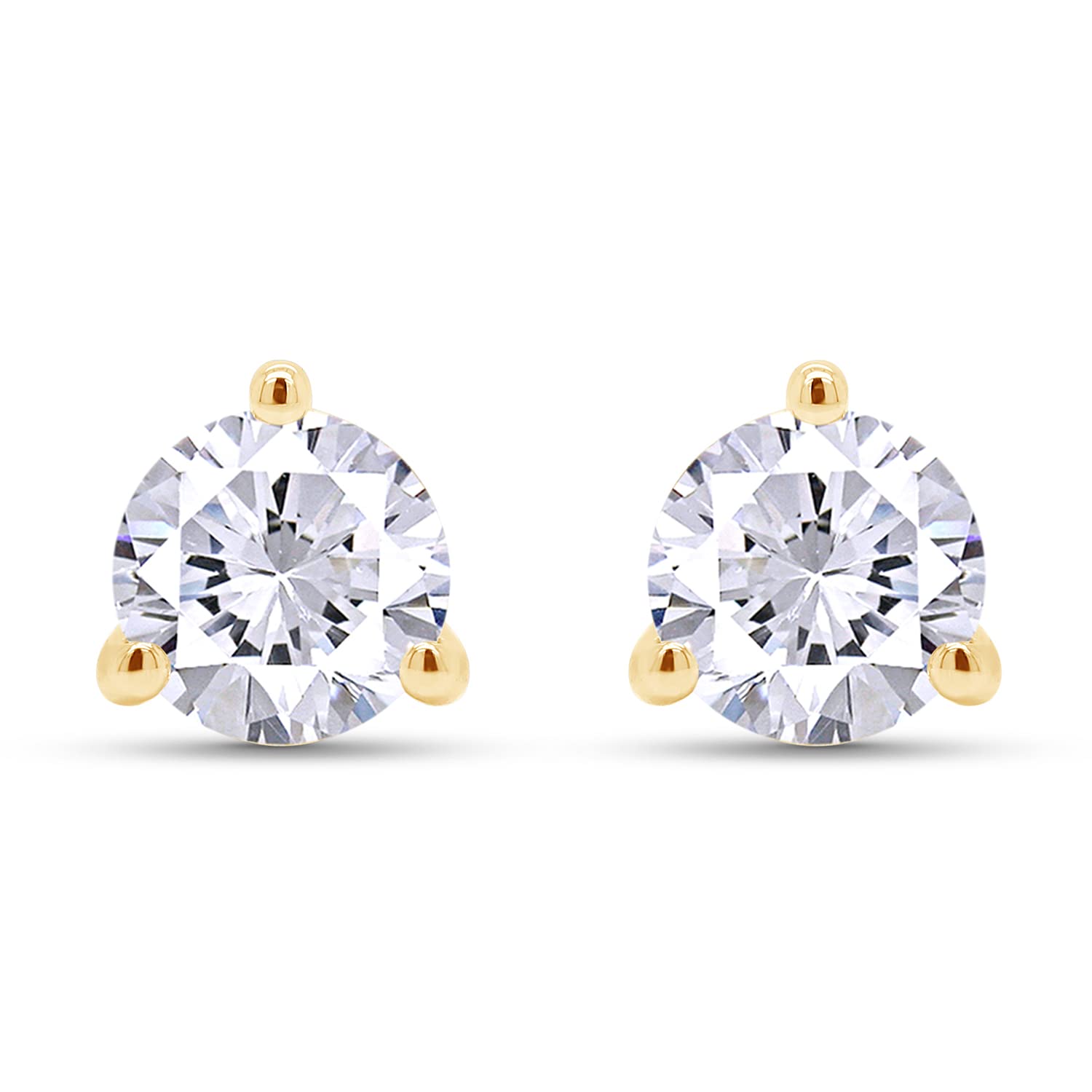 SAVEARTH DIAMONDS 14K Yellow Gold Post & 925 Sterling Silver 7.5MM Round Cut Lab Created Moissanite Diamond 3-Prong Martini Style Stud Earrings 3.0ct