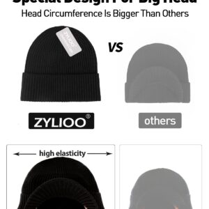 Zylioo XXL Knit Beanie Cap,Oversize Stocking Hats for Big Heads,Cuffed Skull Caps,Large Stretchy Winter Hats Black