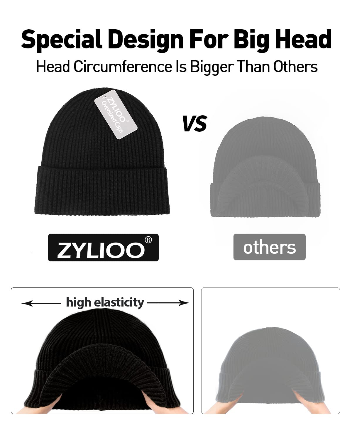 Zylioo XXL Knit Beanie Cap,Oversize Stocking Hats for Big Heads,Cuffed Skull Caps,Large Stretchy Winter Hats Black