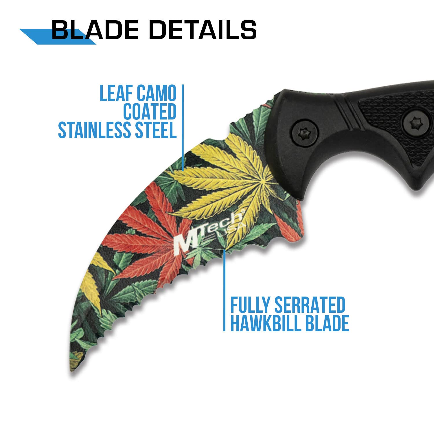 MTECH USA – Fixed Blade Knife – Serrated Hawkbill Blade w/Multi-Color Weed Pattern, Black Injection Molded Handle, Full Tang, Nylon Fiber Sheath - Hunting, Camping, Survival, EDC – MT-20-63WD