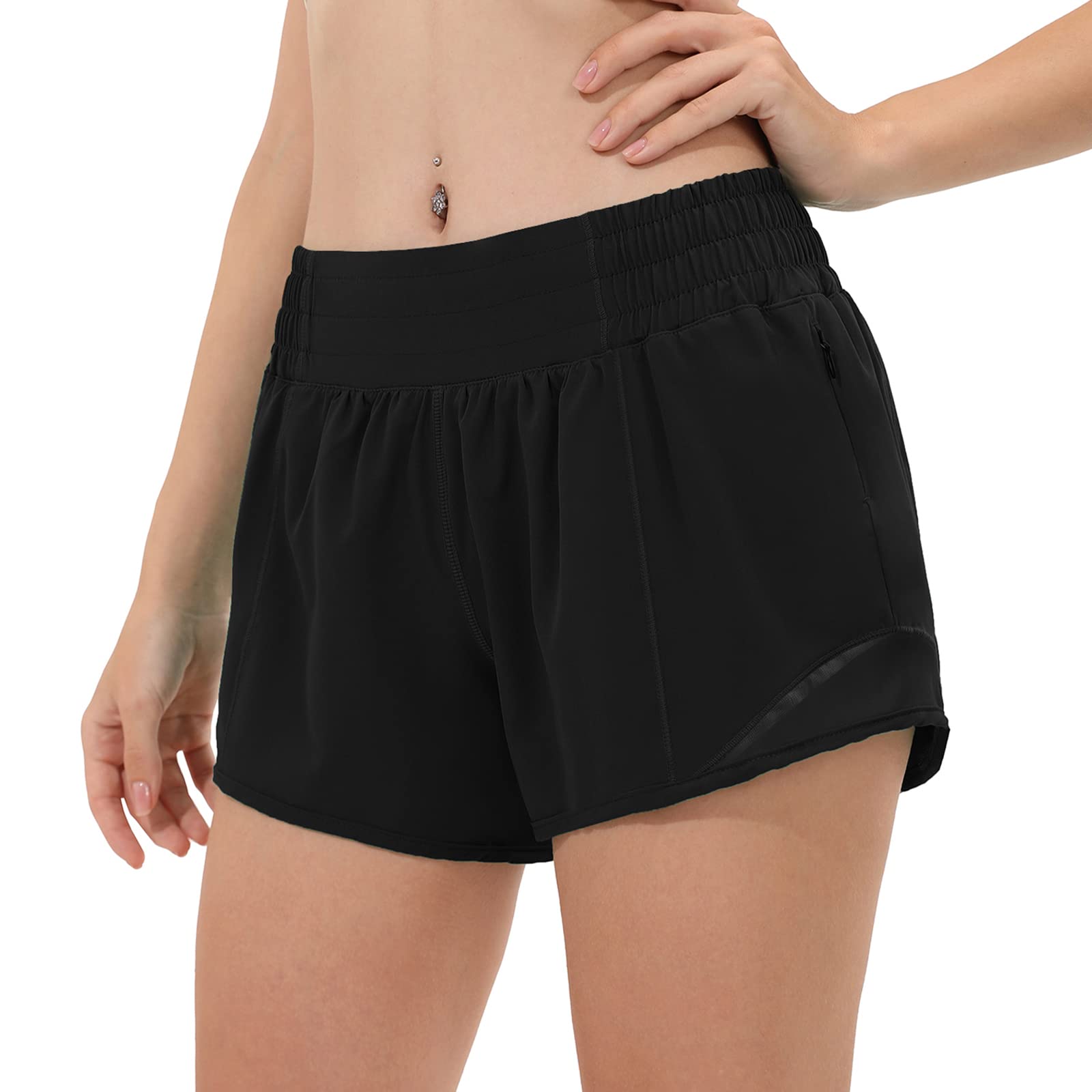 Aurefin High Waisted Athletic Shorts for Women, Womens Plus Size Running Workout Shorts with Liner and Zip Pocket 4 inch Black/M