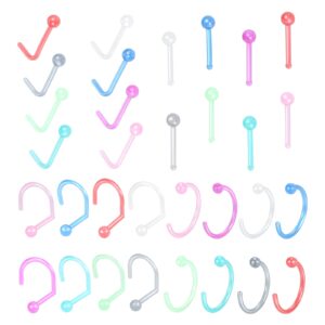 Oveta 32PCS Clear Nose Rings Studs for Work 20G Nose Piercing Retainer, Colorful Plastic Nose Stud L Shaped Bone Screw Nostril