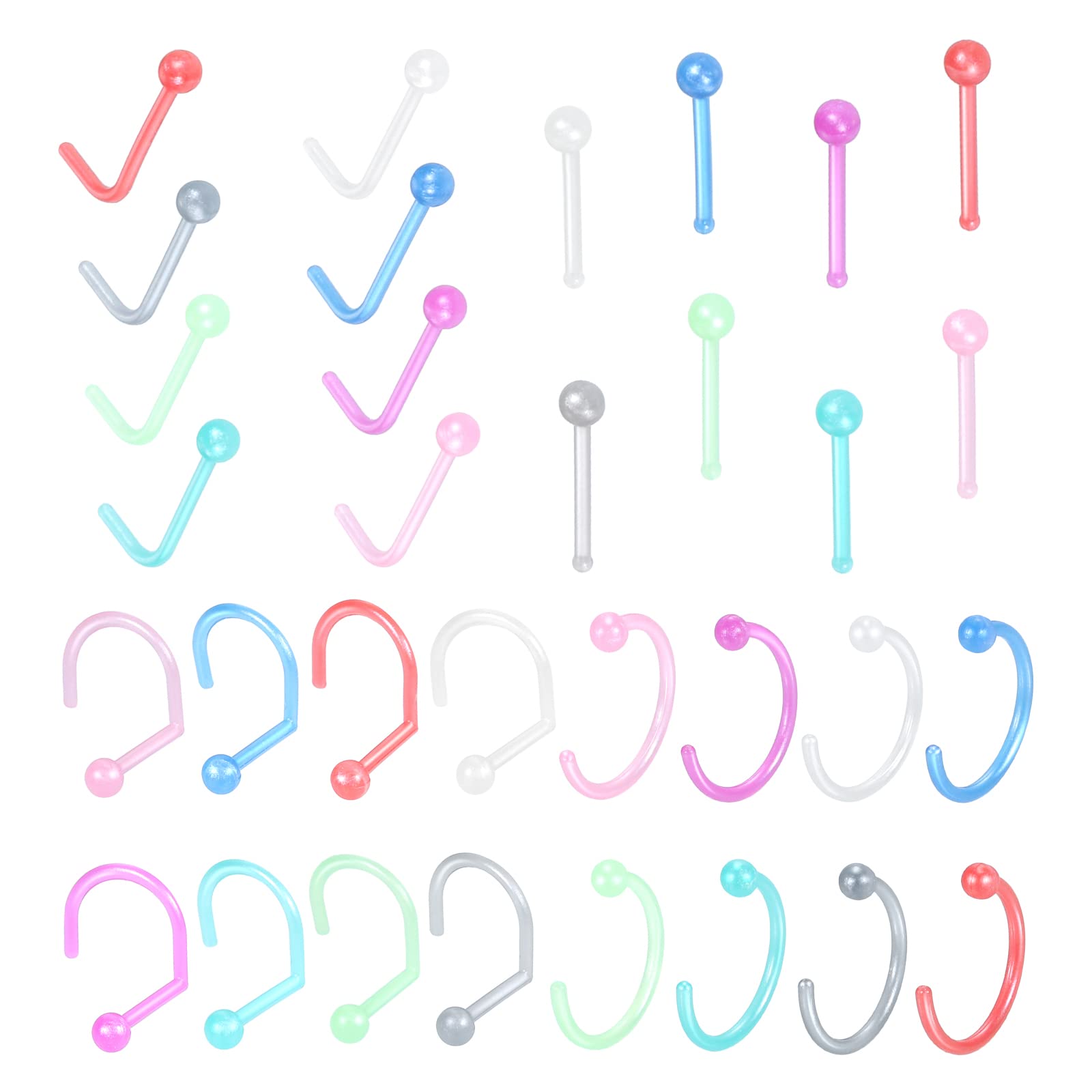 Oveta 32PCS Clear Nose Rings Studs for Work 20G Nose Piercing Retainer, Colorful Plastic Nose Stud L Shaped Bone Screw Nostril