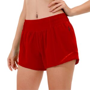 aurefin high waisted athletic shorts for women, womens plus size running workout shorts with liner and zip pocket 4 inch red/m