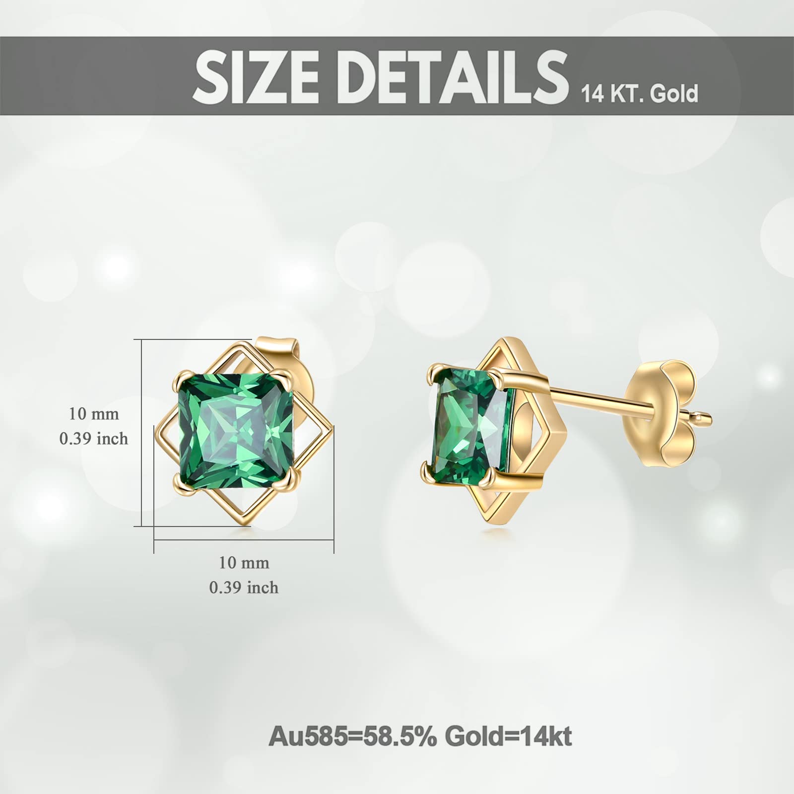 MUUYON 14K Solid Gold Princess Cut Emerald Stud Earrings,Yellow Real Gold Created Emerald Earrings with Push Backs, May Birthstone Earrings Jewelry for Her Women Mom