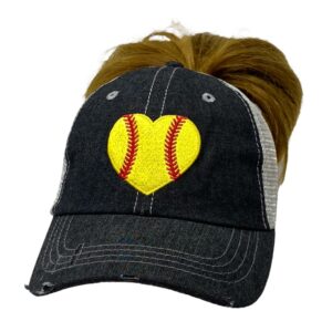 cocomo soul womens softball hat softball heart hat softball love hat softball mom hat messy bun top ponytail hat cap -235 dark grey