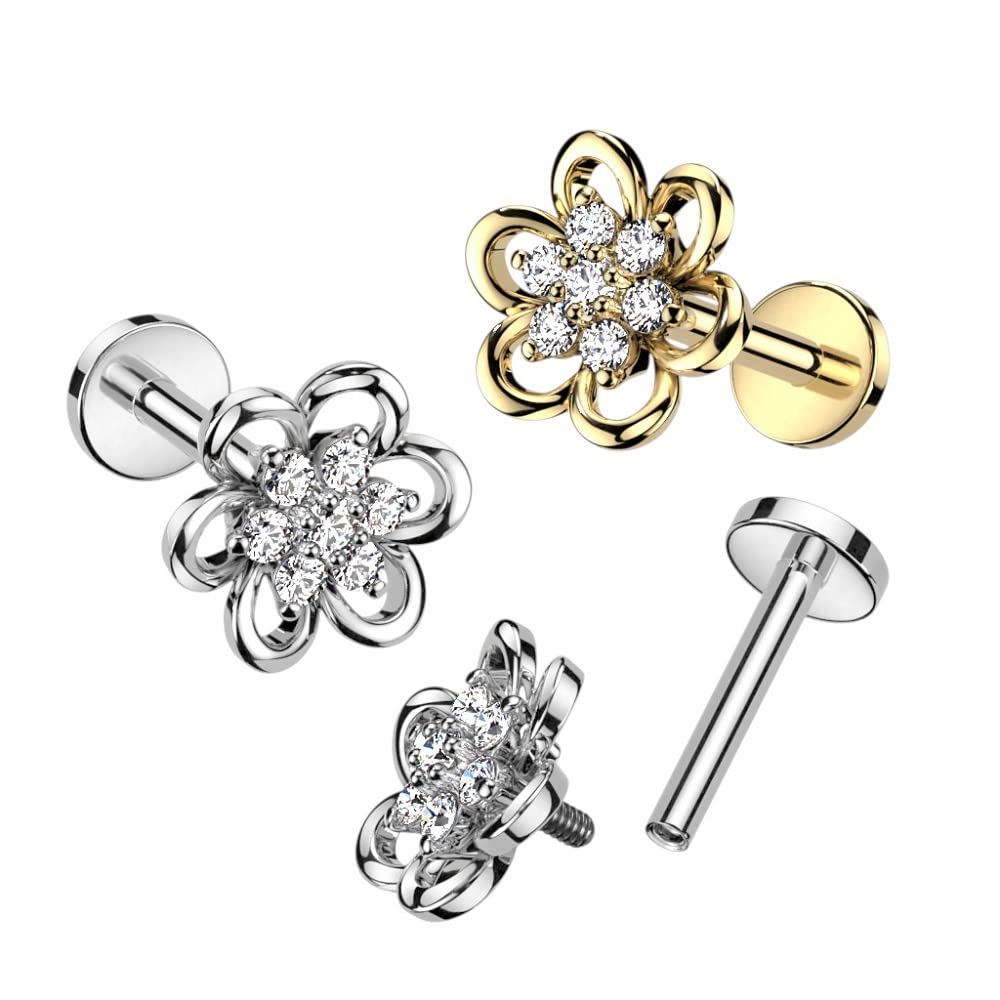 Pierced Owl 16GA 316L Stainless Steel Hollow Flower with CZ Crystal Center Internally Threaded Stud (Gold Tone)