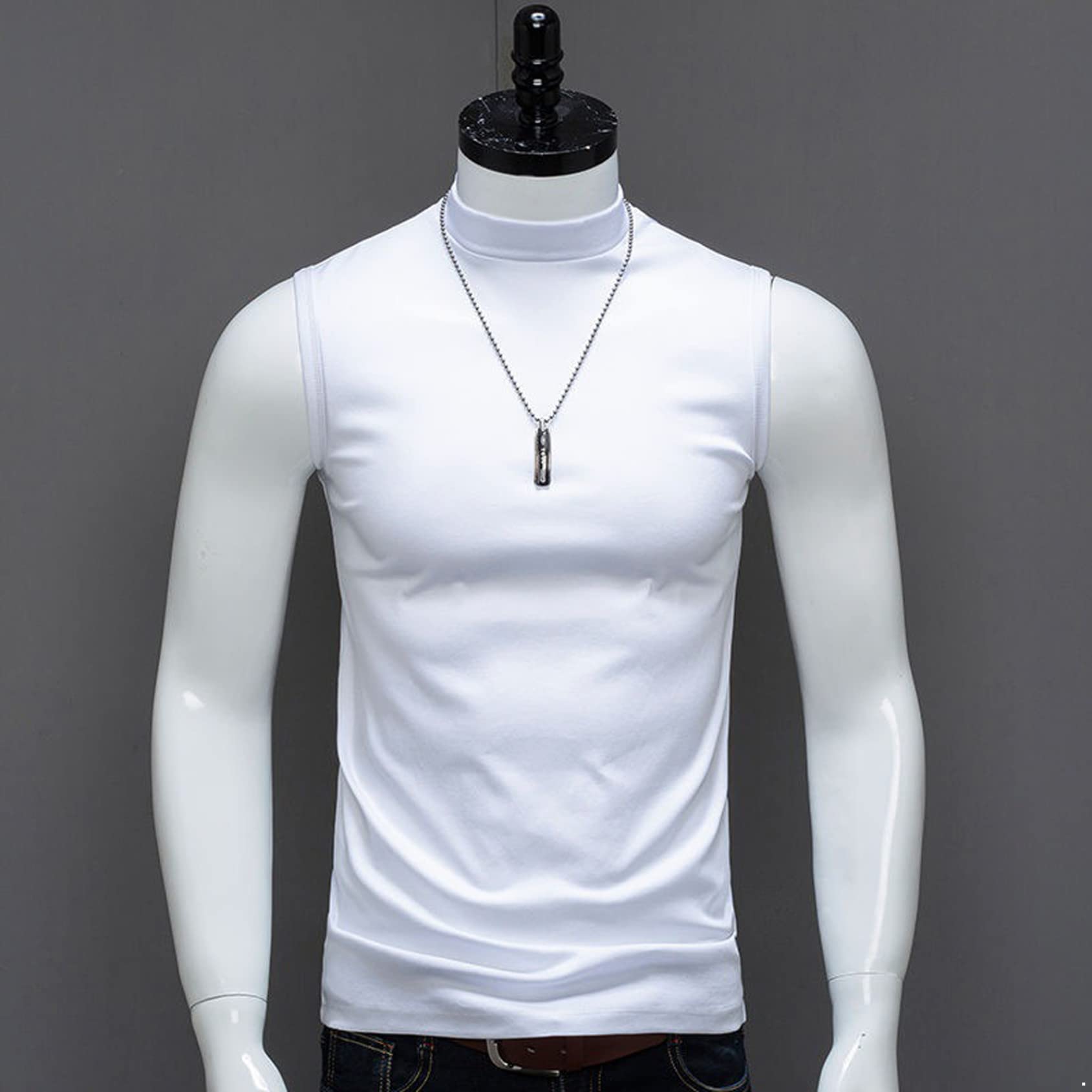 Hedmy Men's Sleeveless T-Shirt Basic Mock Turtleneck Slim Fit Undershirt Pullover Thermal Tank Tops White X-Large