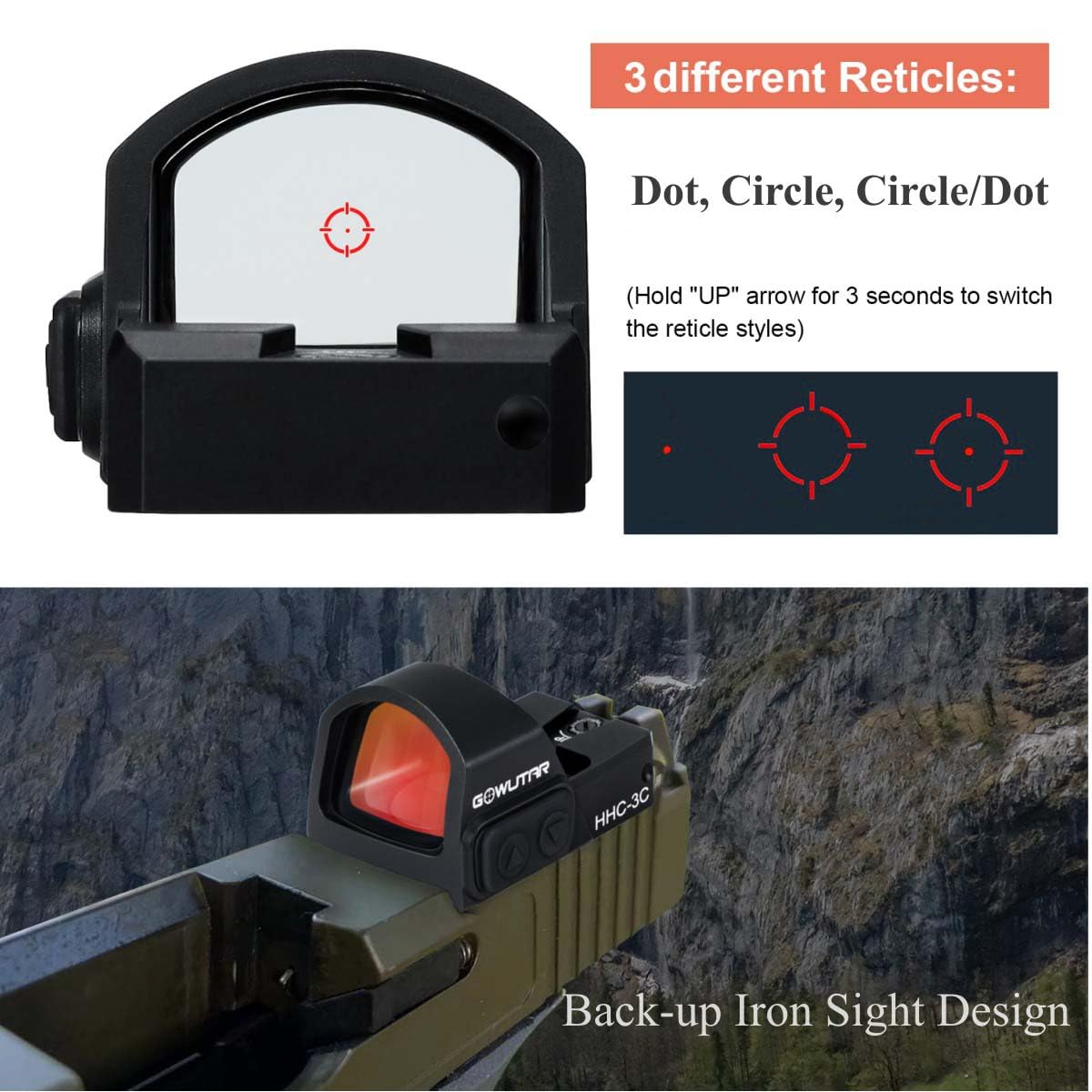 GOWUTAR Multi-Reticle Circle Dot Sight 2 MOA Dot 62 MOA Circle Shake Awake Red Dot Sight Pistol Reflex Sights for RMR Footprint & Picatinny Rails HHC-3C