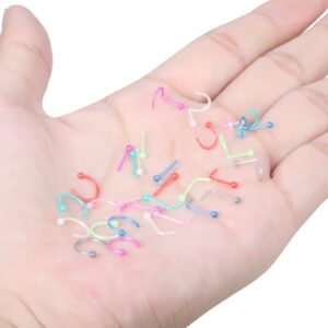 Oveta 32PCS Clear Nose Rings Studs for Work 20G Nose Piercing Retainer, Colorful Plastic Nose Stud L Shaped Bone Screw Nostril