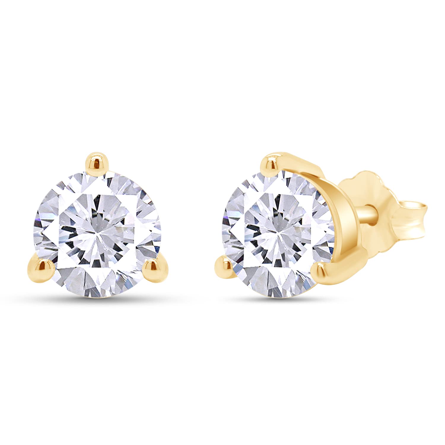 SAVEARTH DIAMONDS 14K Yellow Gold Post & 925 Sterling Silver 7.5MM Round Cut Lab Created Moissanite Diamond 3-Prong Martini Style Stud Earrings 3.0ct