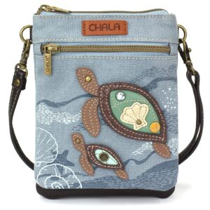 CHALA Double Pocket Xbody Women RFID Protected Canvas Crossody Purse with Adjustable Strap - Turtle - denim