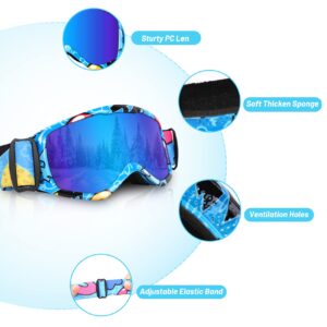 Micnaron Kids Ski Goggles, Snowboard Goggles for Boys Girls Youth, OTG Anti-fog Ski Goggles with Non-Slip Strap (Blue)