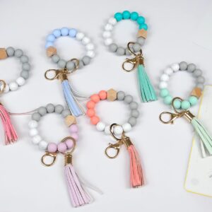 Meroqeel Silicone Beads Key Ring Keychain Bracelet Wristlet for Women, Cute Bead Car Keys Holder Chain Bangle, Stretchy Circle Beaded Keyring for Girls Small Wrist with Leather Tassel - Marble White