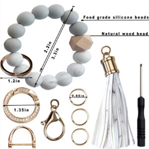 Meroqeel Silicone Beads Key Ring Keychain Bracelet Wristlet for Women, Cute Bead Car Keys Holder Chain Bangle, Stretchy Circle Beaded Keyring for Girls Small Wrist with Leather Tassel - Marble White