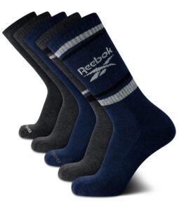 reebok men's crew socks - 5 pack comfort cushion performance crew socks for men - classic men's sports socks (size: 6-12.5), size 6-12.5, navy/grey