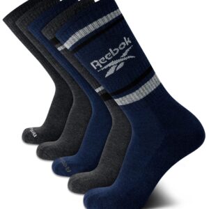 Reebok Men's Crew Socks - 5 Pack Comfort Cushion Performance Crew Socks for Men - Classic Men's Sports Socks (Size: 6-12.5), Size 6-12.5, Navy/Grey