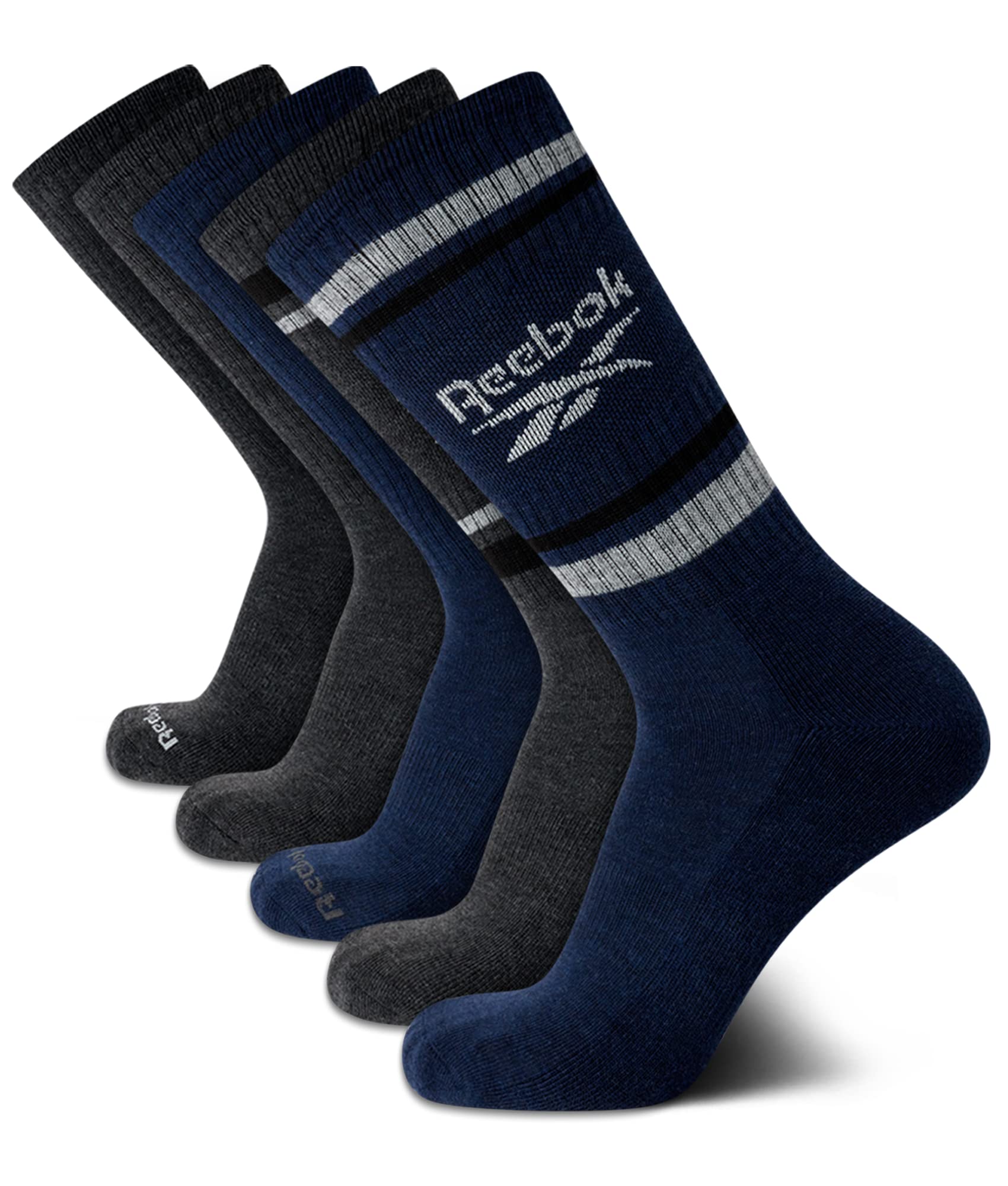 Reebok Men's Crew Socks - 5 Pack Comfort Cushion Performance Crew Socks for Men - Classic Men's Sports Socks (Size: 6-12.5), Size 6-12.5, Navy/Grey