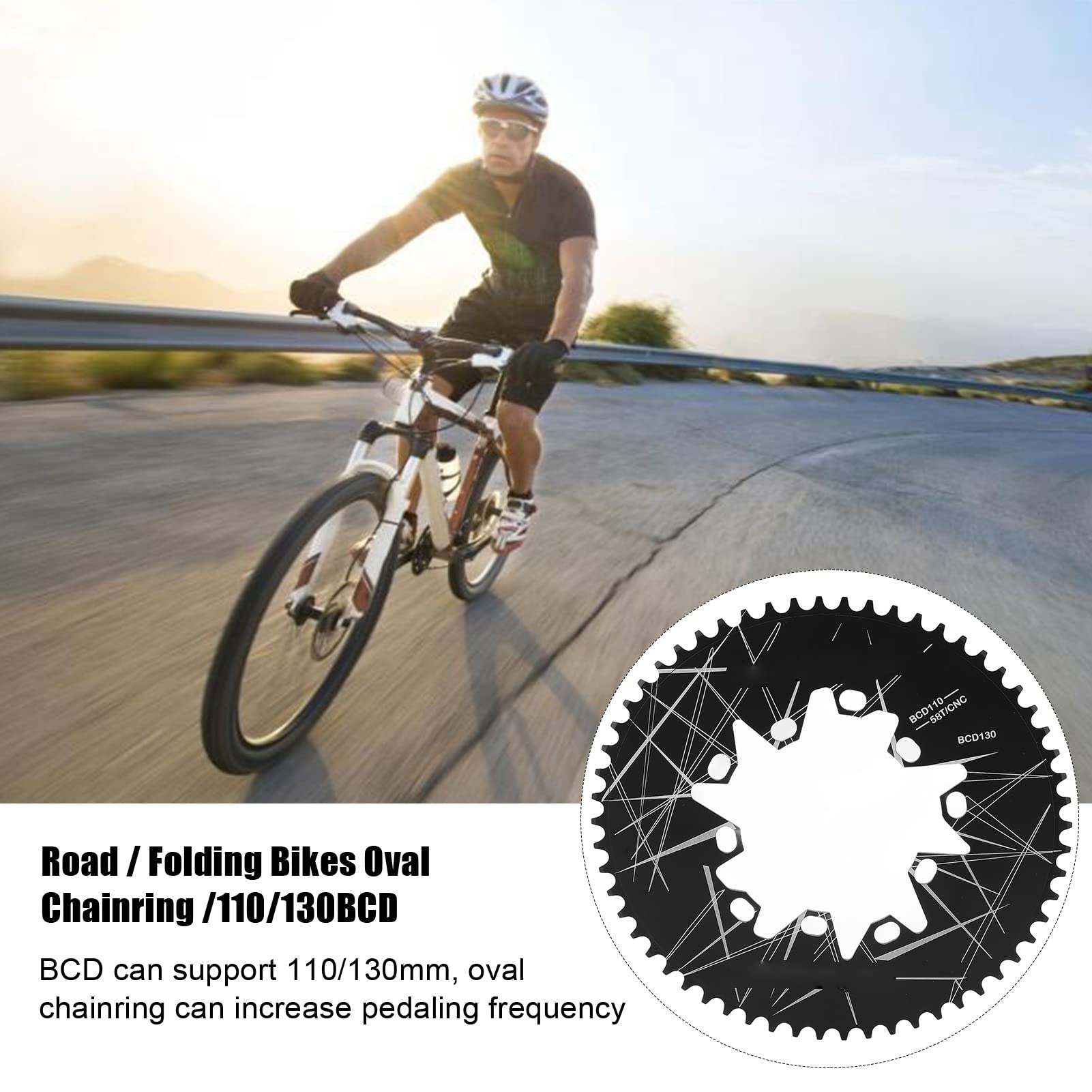 Leapiture Mountain Bike Round Chainring Aluminum Oval Disc Chainring Road Folding Bike 110 130mm BCD 58T for 7 8 9 10 Speed Electric Bike Road Bike