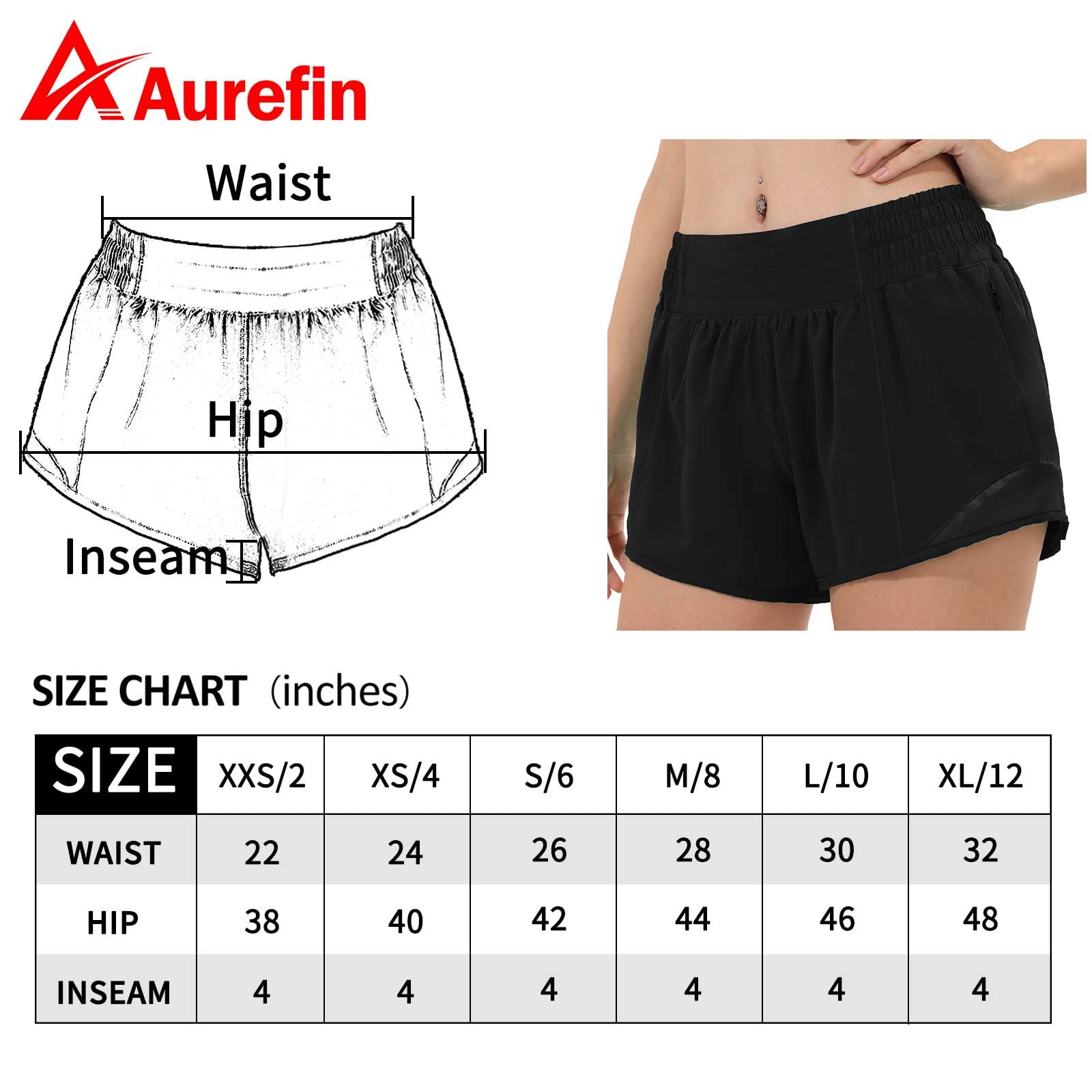 Aurefin High Waisted Athletic Shorts for Women, Womens Plus Size Running Workout Shorts with Liner and Zip Pocket 4 inch Black/M