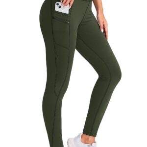 G Gradual Women's Fleece Lined Winter Leggings with Pockets Water Resistant High Waisted Thermal Warm Pants Running Hiking(Olive_Green,S)