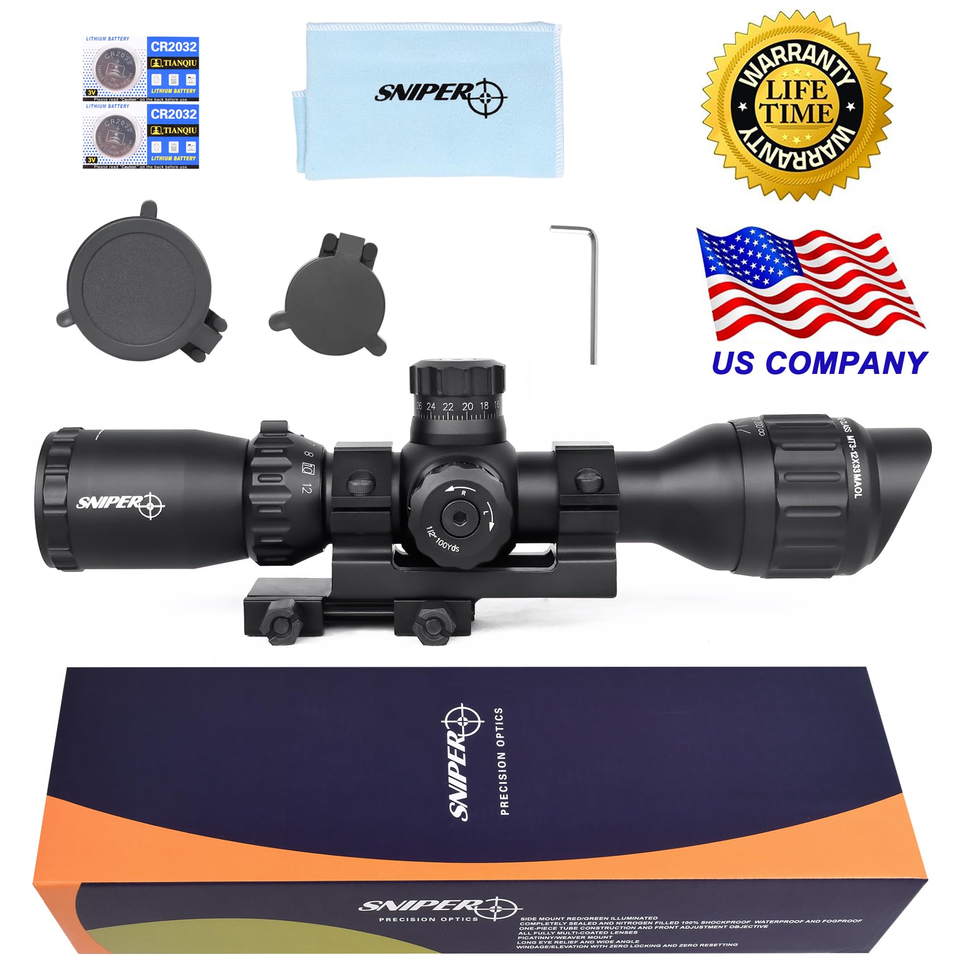 FSI 3-12x33 Rifle Scope R/G/B Illuminated Reticle Parallax Adjustment with Scope Mount