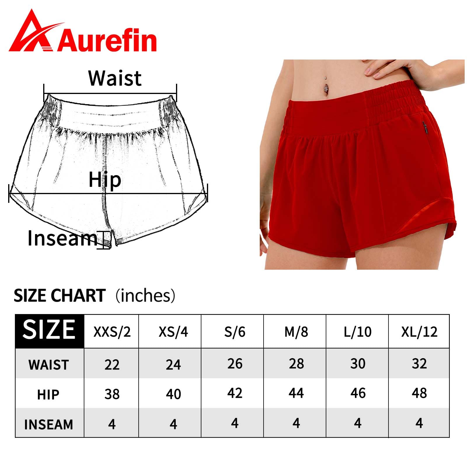 Aurefin High Waisted Athletic Shorts for Women, Womens Plus Size Running Workout Shorts with Liner and Zip Pocket 4 inch Red/M