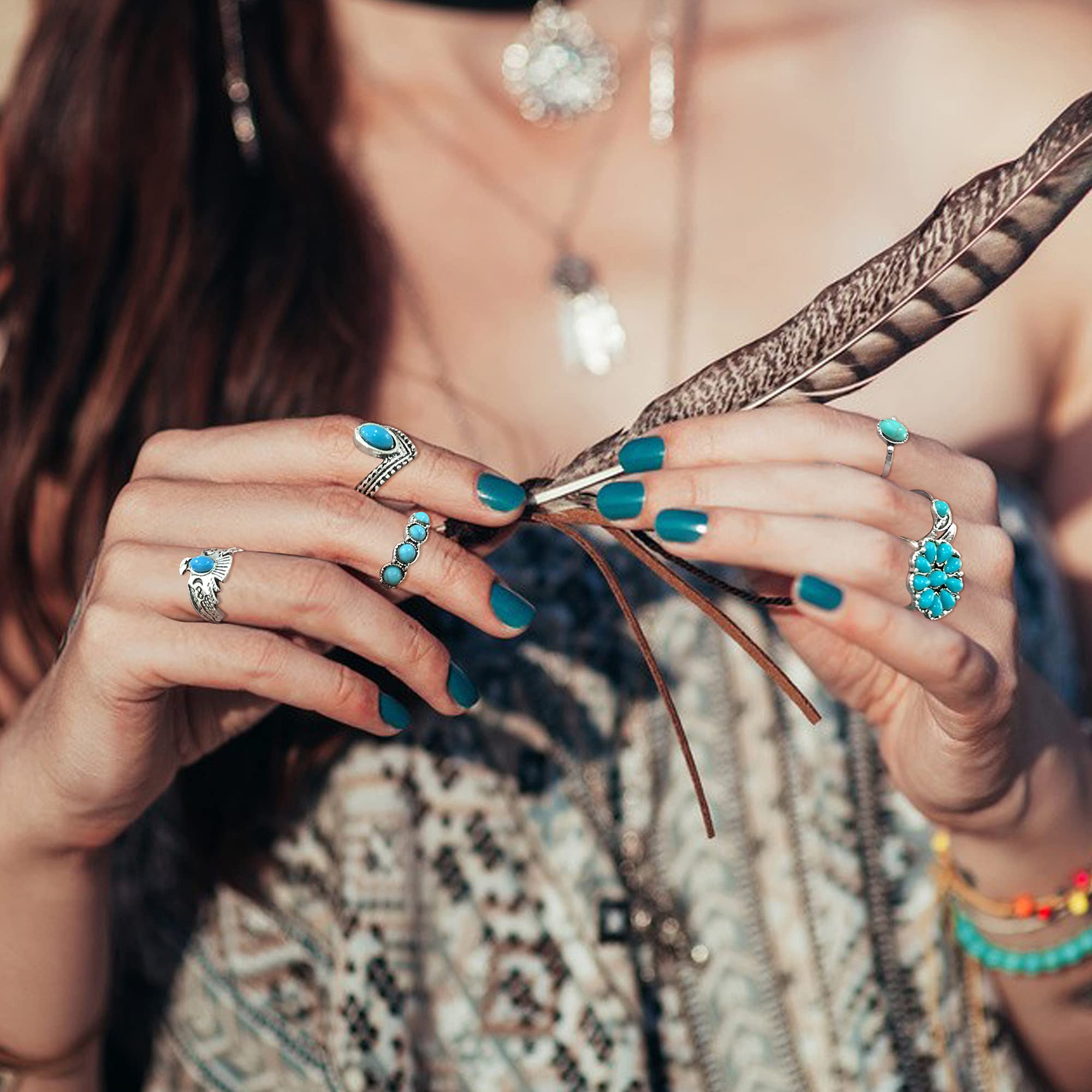 Helicopchain Western Jewelry For Women Bohemian Turquoise Jewelry Set Turquoise Pendant Choker Necklace Turquoise Faux Leather Cuff Bracelet Turquoise Hoop Dangle Earrings Turquoise Joint Knuckle