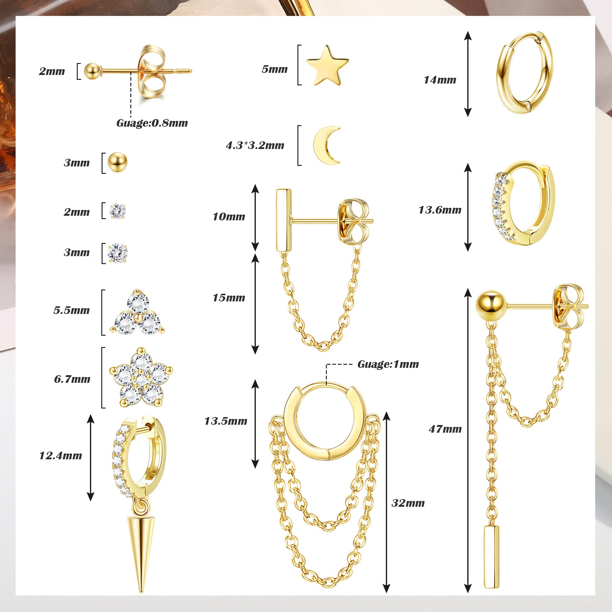 Sanfenly 14 Pairs Studs Earrings and Hoops Set Gold Plated Dangle Chain Earrings Mini Ball CZ Moon Star Flower Studs Huggie Hoop Earring for Women