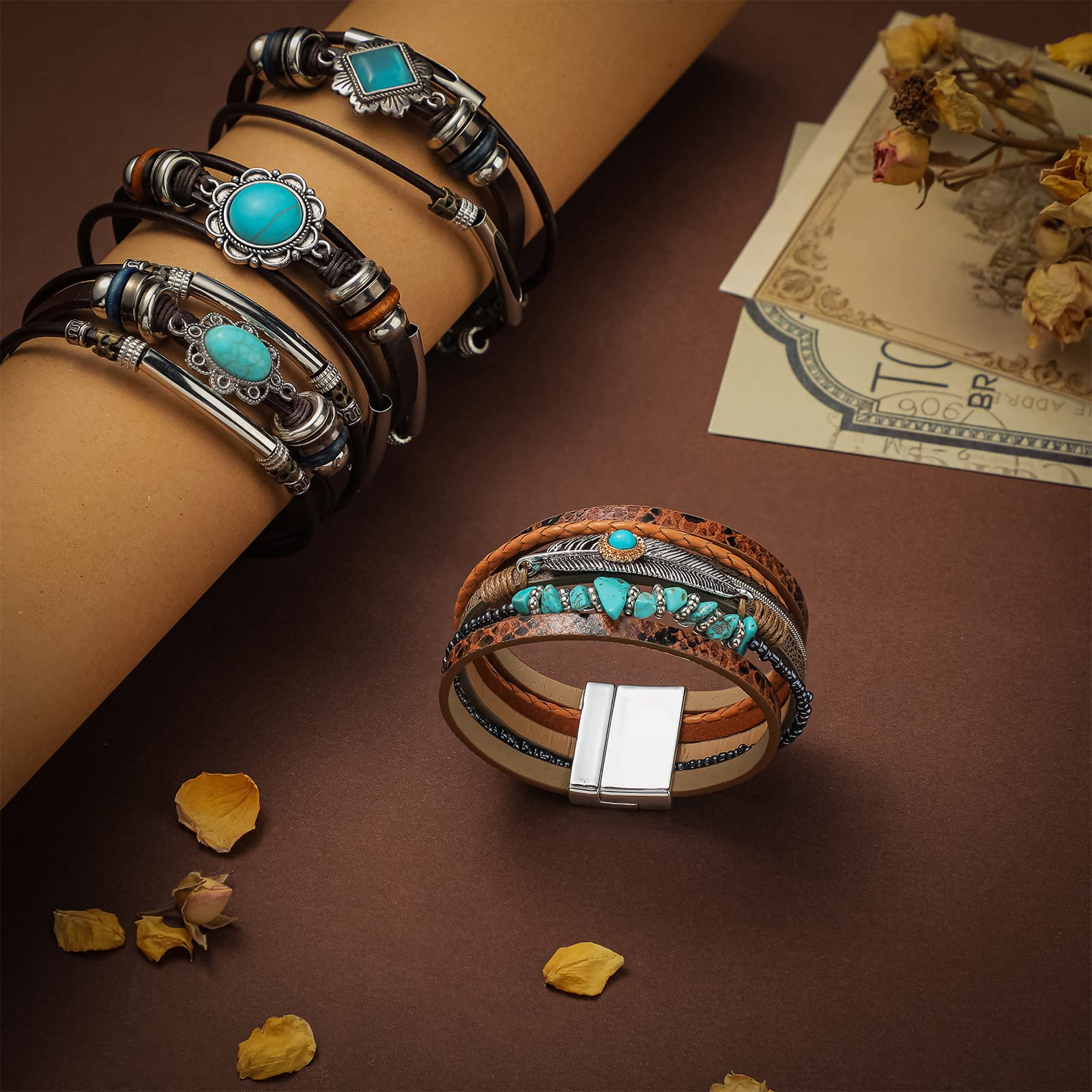 Glenmal 4 Pcs Boho Leather Bracelet Turquoise Cuff Leather Bracelet Western Jewelry Gifts for Women Multilayer Layer Wristband Turquoise Bangle for Women(Vintage)