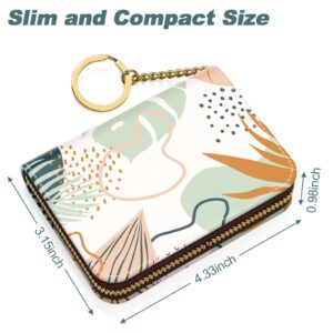 Nipichsha Credit Card Holder, Small RFID Card Wallet for Women, Slim Leather Wallet Organizer, Pocket Business Card Case with Zipper & Keychain (Boho Leaves)