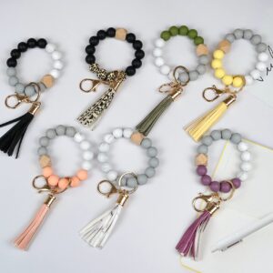 Meroqeel Silicone Beads Key Ring Keychain Bracelet Wristlet for Women, Cute Bead Car Keys Holder Chain Bangle, Stretchy Circle Beaded Keyring for Girls Small Wrist with Leather Tassel - Marble White