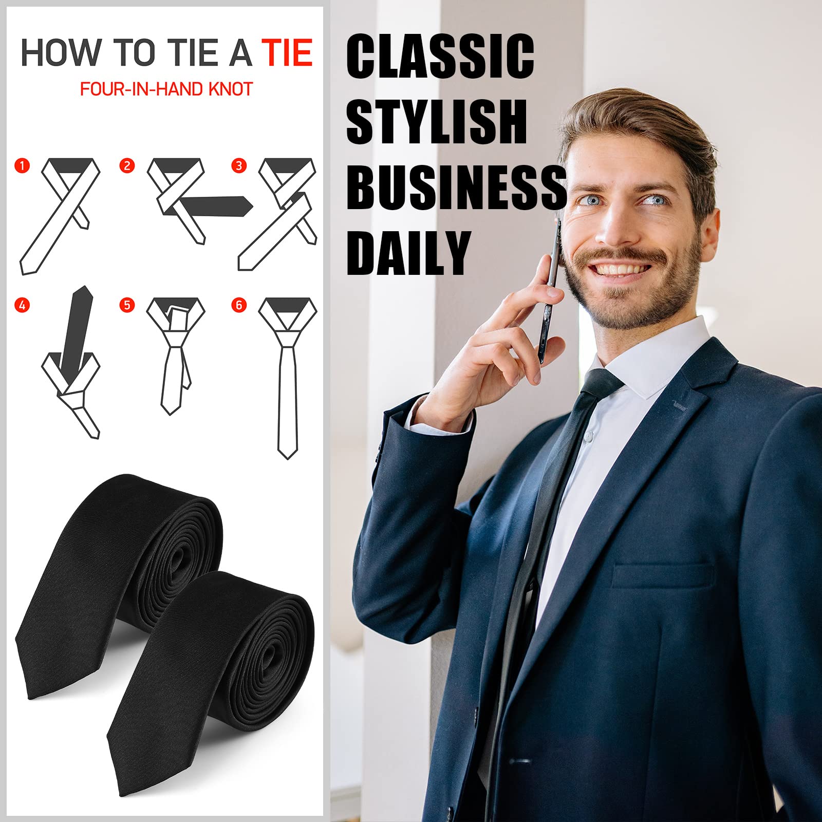 Lounsweer 2 Pack Black Necktie Mens Slim Ties 1.58" Solid Color Skinny Necktie 4 cm Men's Black Tie Regular Tie for Formal and Casual Occasions