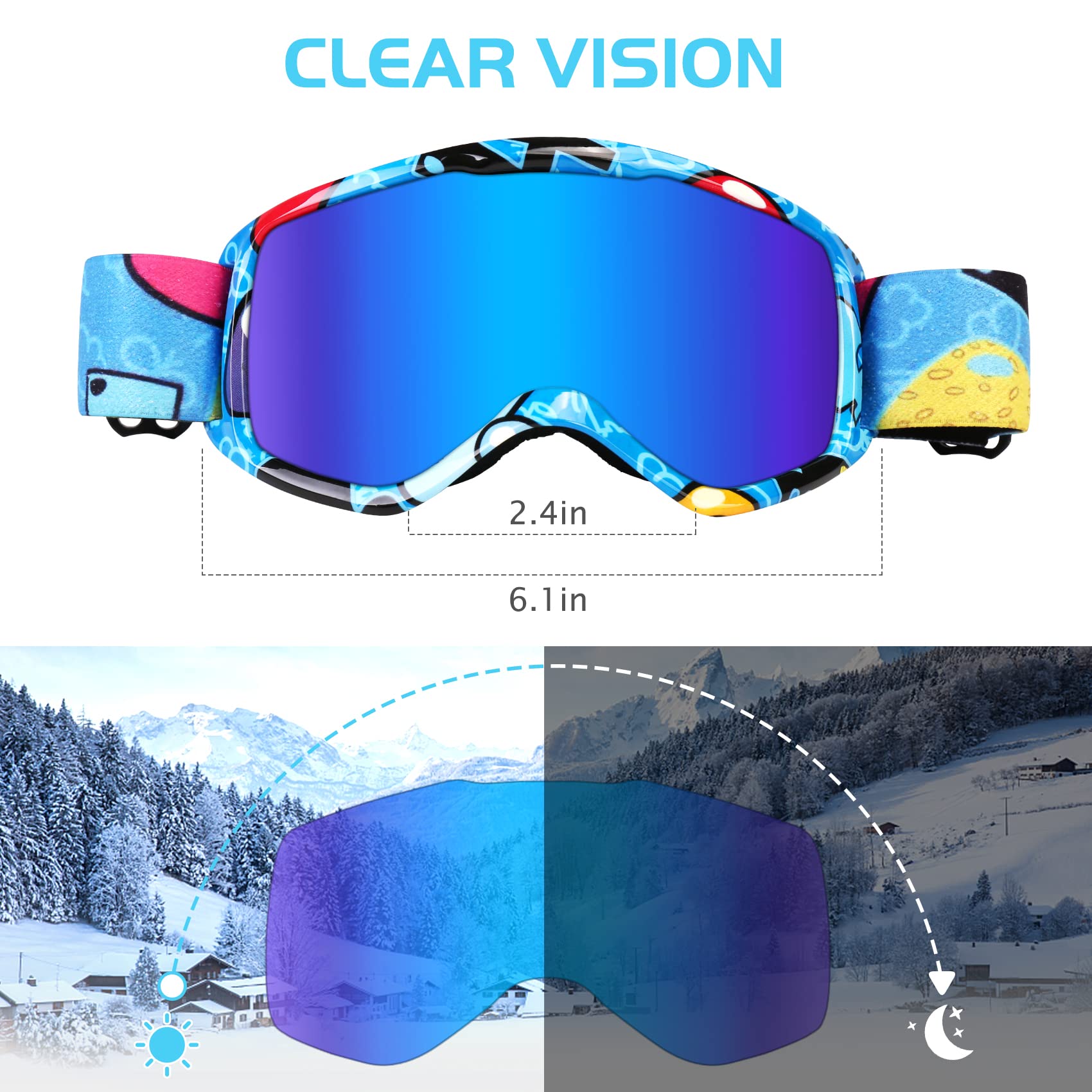 Micnaron Kids Ski Goggles, Snowboard Goggles for Boys Girls Youth, OTG Anti-fog Ski Goggles with Non-Slip Strap (Blue)