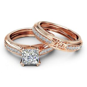 Fashion 2PCS Simulated Diamond Ring Square Cut Zircon Ring for Women Wedding Band Engagement Ring (Rose Gold, 7)