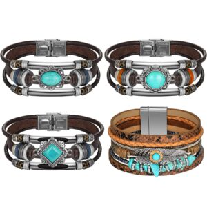 Glenmal 4 Pcs Boho Leather Bracelet Turquoise Cuff Leather Bracelet Western Jewelry Gifts for Women Multilayer Layer Wristband Turquoise Bangle for Women(Vintage)