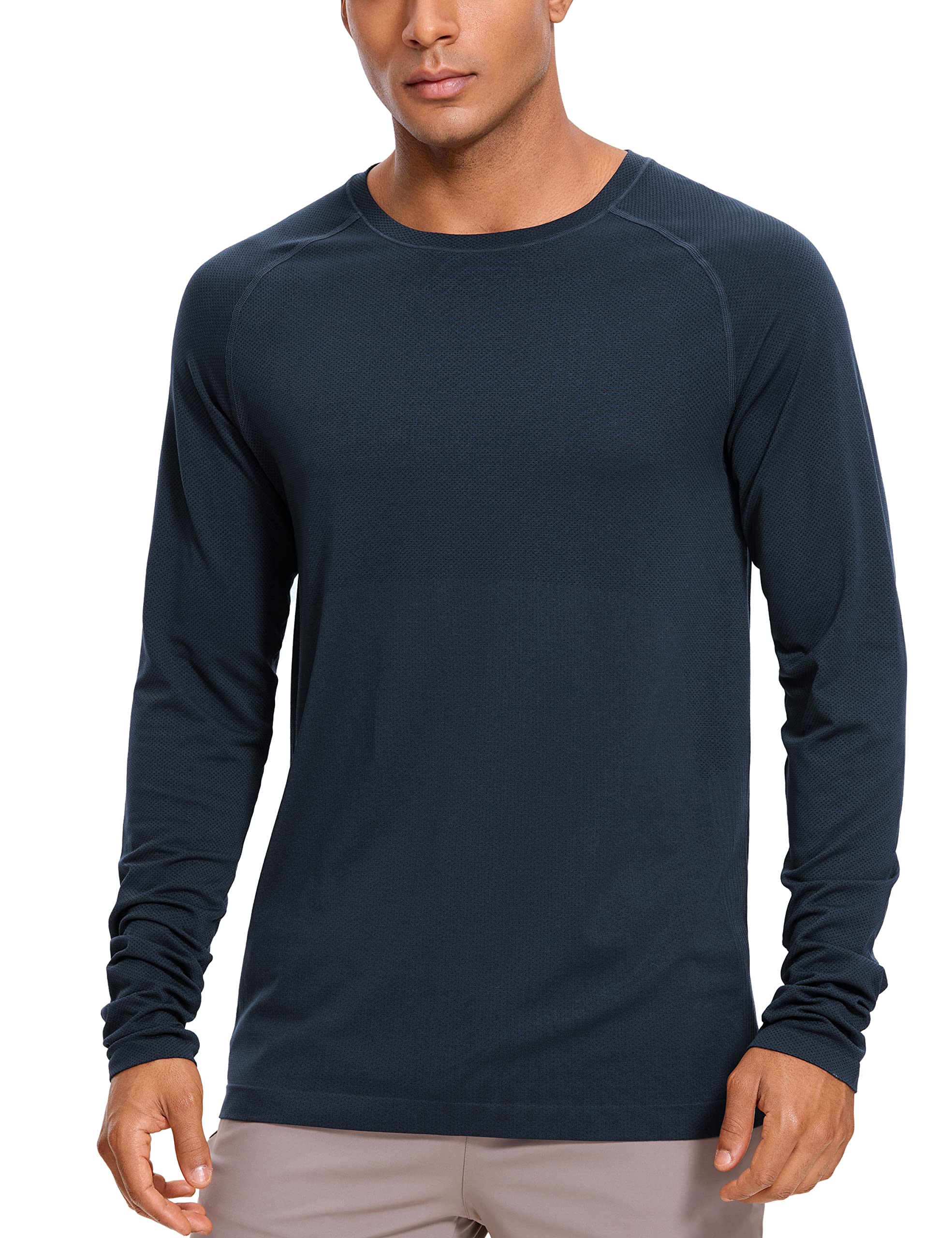 CRZ YOGA Mens Seamless Long Sleeve Tee Shirts Moisture Wicking Workout Athletic Running Shirts Breathable Gym Tops True Navy Heather Large